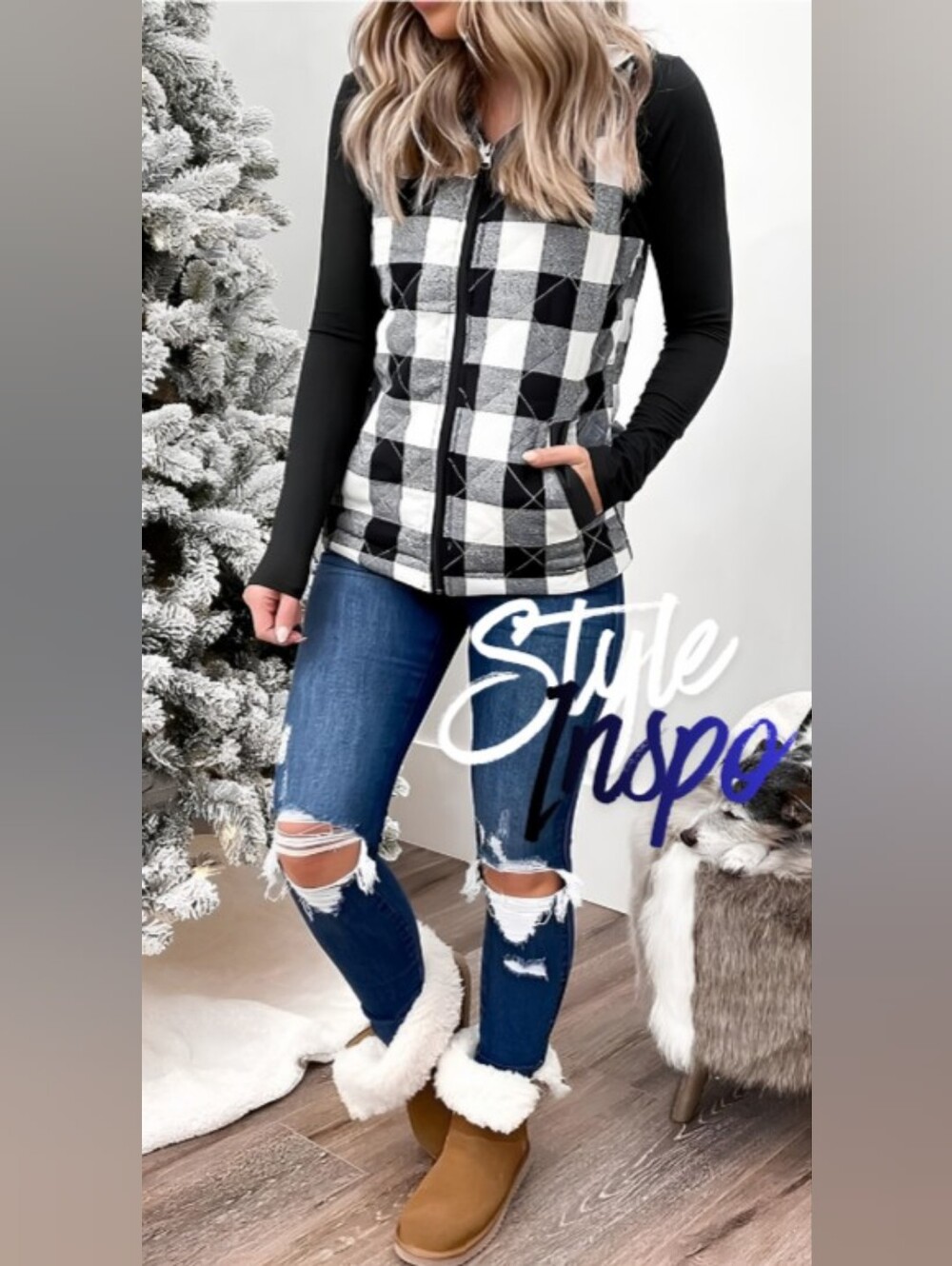 NWT Buffalo Plaid Quilted Puffer Vest - Black/White